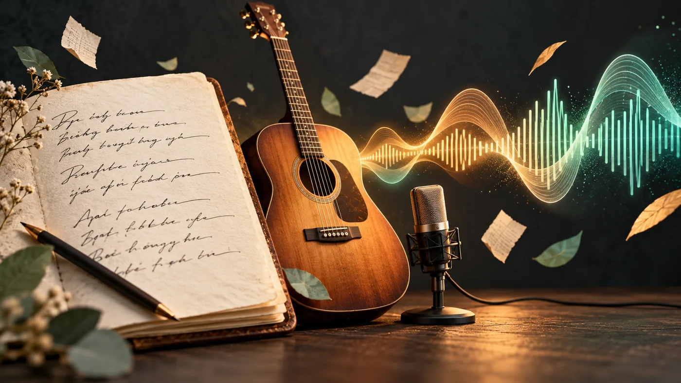 A lyric notebook, acoustic guitar, microphone, and flowing waveform illustrate words becoming a song.