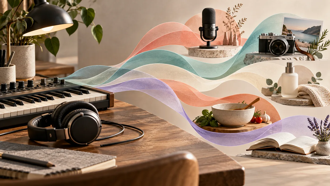Headphones, a keyboard, and sound ribbons connect a podcast microphone, camera, product bottle, cooking bowl, and study book.